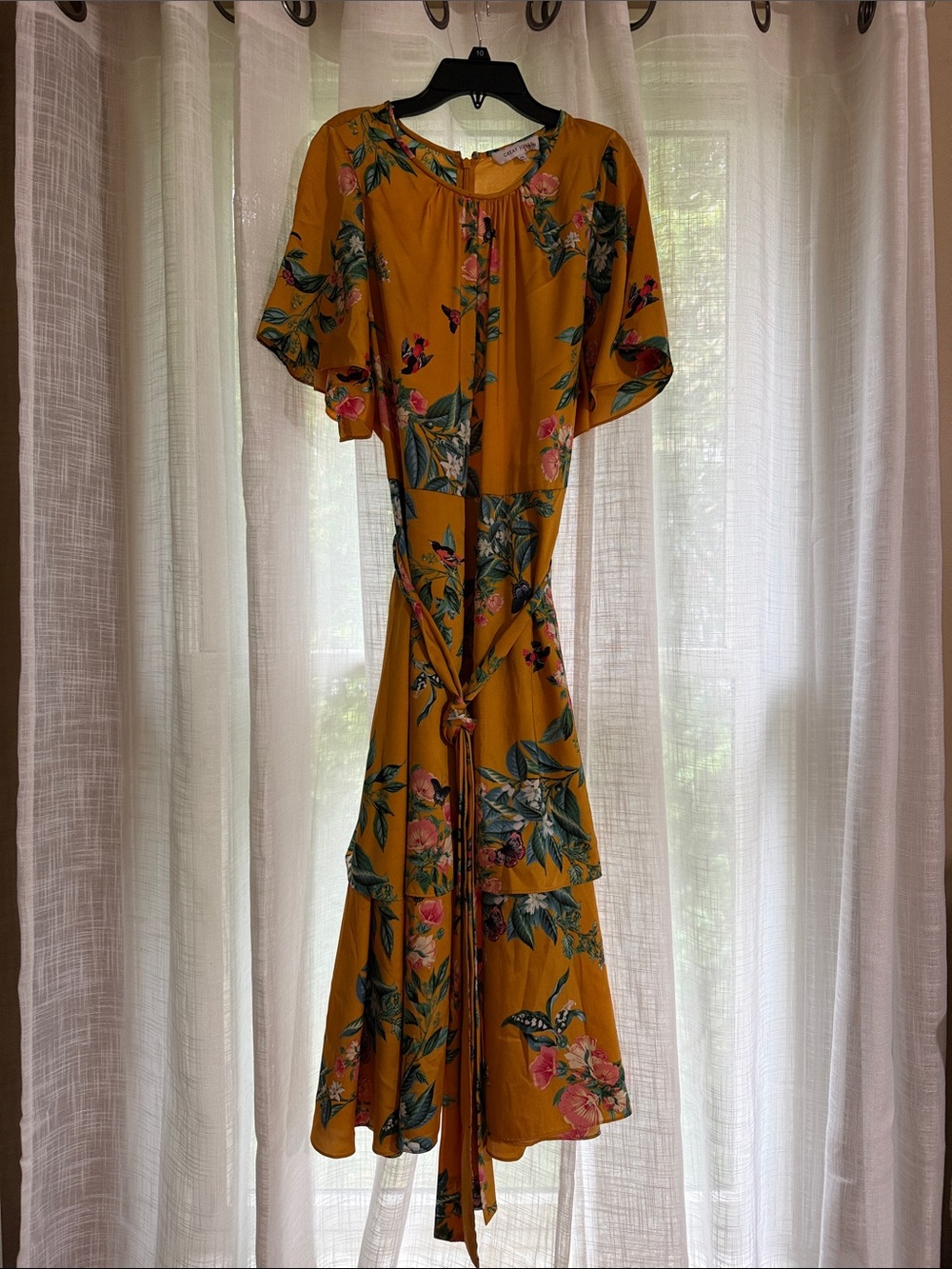Floral Tie-Waist Midi Dress in Mustard